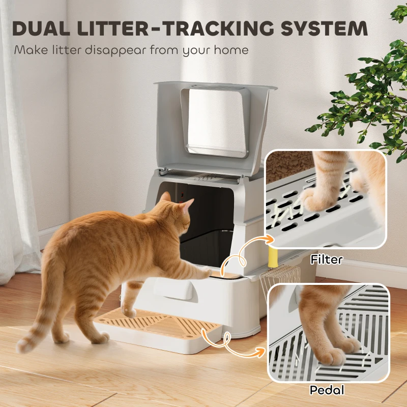 PawHut XL Katzenklo aus Edelstahl mit 180° klappbarem Deckel, hohe Seiten, Fußpedal, Schaufel, Hellgrau