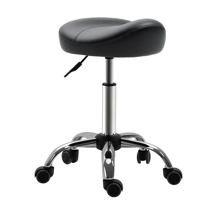 HOMCOM Salon Stool with Saddle Seat, Height-Adjustable, Faux Leather, 48x48x54-69cm, Black