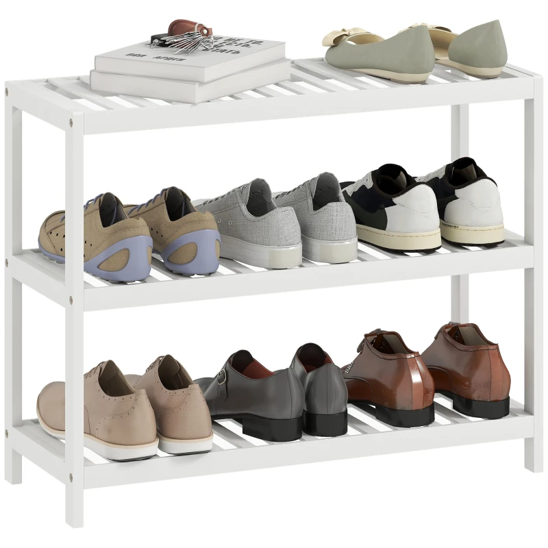 HOMCOM 3-Tier Bamboo Shelf, Shoe Rack, Storage Shelf, Painted Finish, White