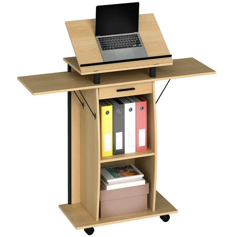 HOMCOM Rolling Podium Stand, Lectern with Folding Side Wings, Laptop Table with Drawer and Shelves, Oak Finish