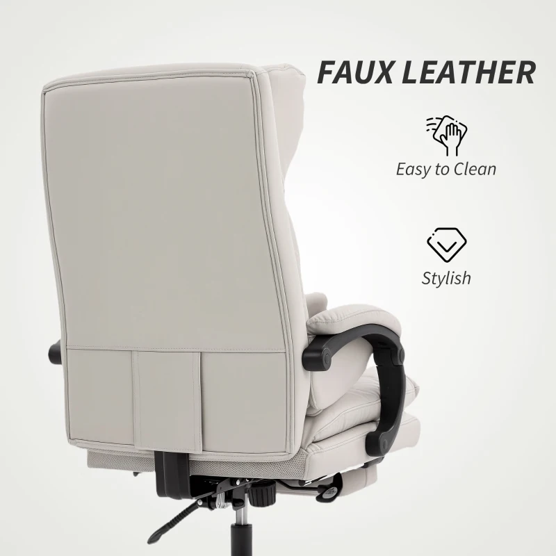 HOMCOM Office Chair Height-Adjustable Desk Chair with Lumbar Support, Armrests, Footrest, PU Leather, Light Gray