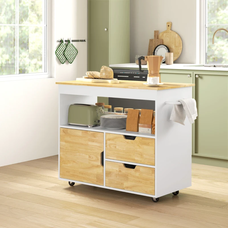 HOMCOM Kitchen cart, Rollable kitchen island, Kitchen trolley with compartments, cabinet and work surface, White