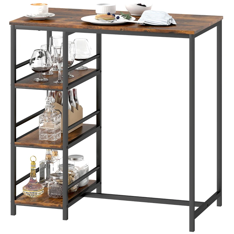 HOMCOM Table de bar mange-debout avec 3 étagères de rangement et cadre en acier, 90 x 50 x 90,5 cm, brun rustique, noir