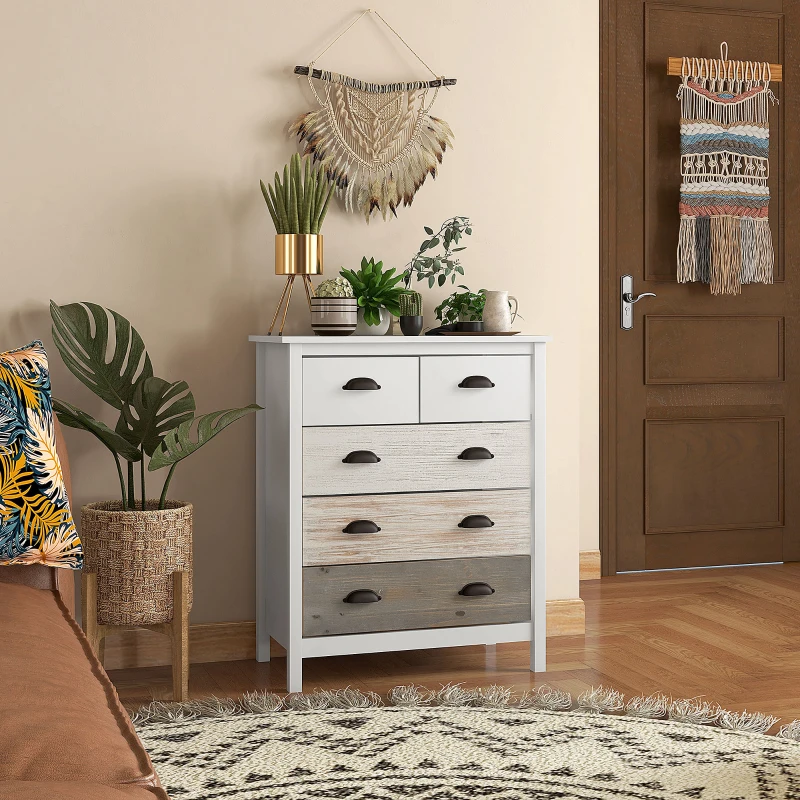 HOMCOM Sideboard, Dresser, 5 Drawers, Painted Surface, MDF & Pine Wood, 70 x 38 x 85 cm, White