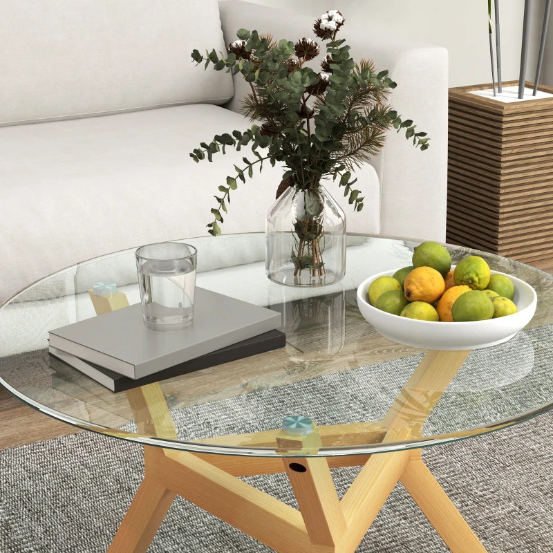 HOMCOM Round side table made of tempered glass with adjustable foot pads and steel frame, for living room, bedroom