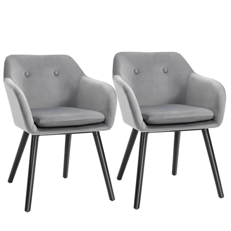 HOMCOM Velvet Tufted Set Of 2 Kitchen Dining Armchairs Grey