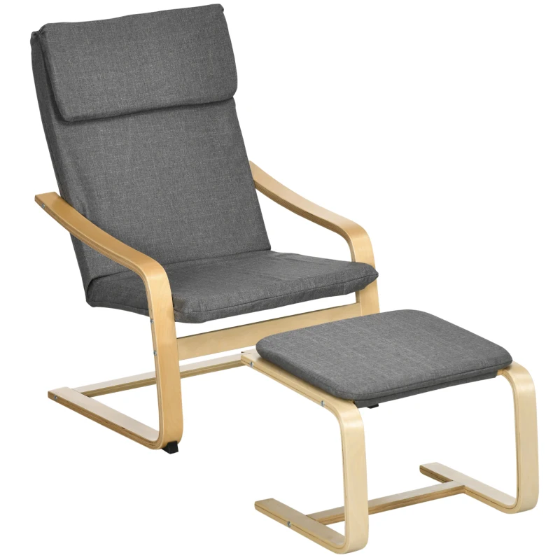 HOMCOM Chair with footstool, armchair set, linen-look, solid wood, Gray + Natural