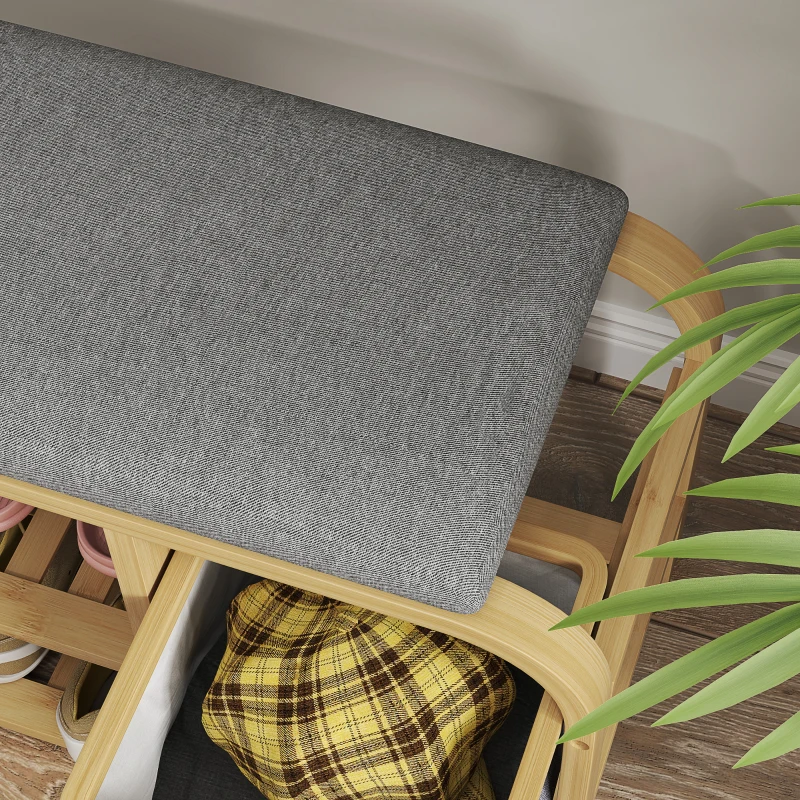 HOMCOM Shoe Bench with Shelves, Shoe Storage Bench, Bamboo, Padded Seat, Grey
