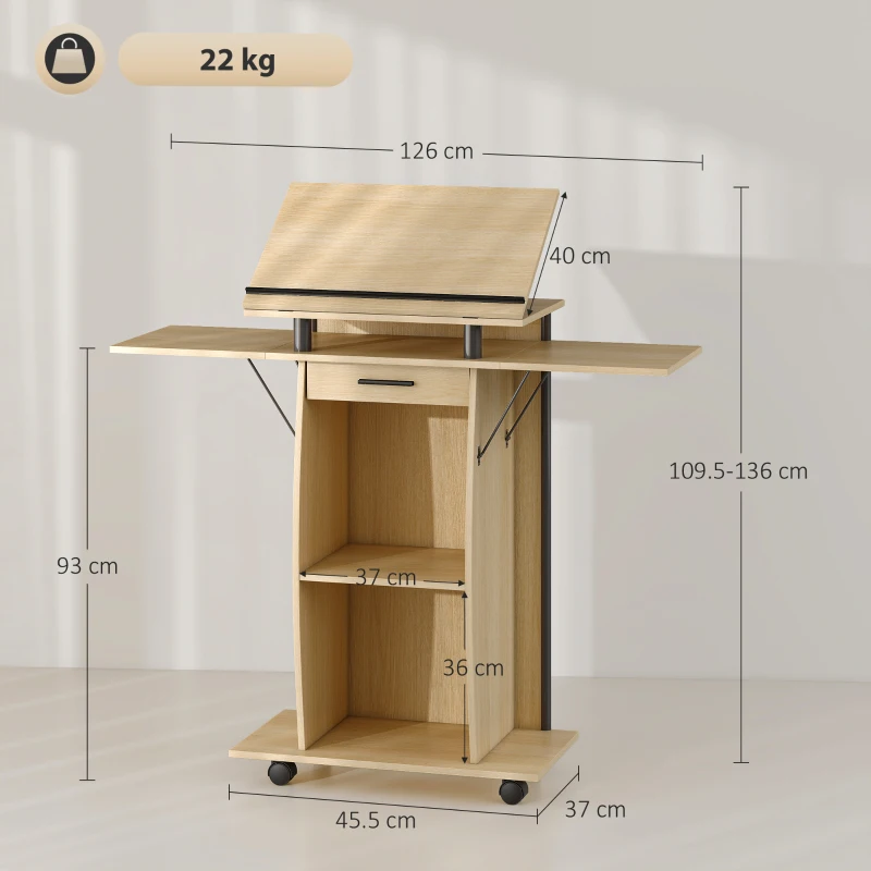 HOMCOM Rolling Podium Stand, Lectern with Folding Side Wings, Laptop Table with Drawer and Shelves, Oak Finish