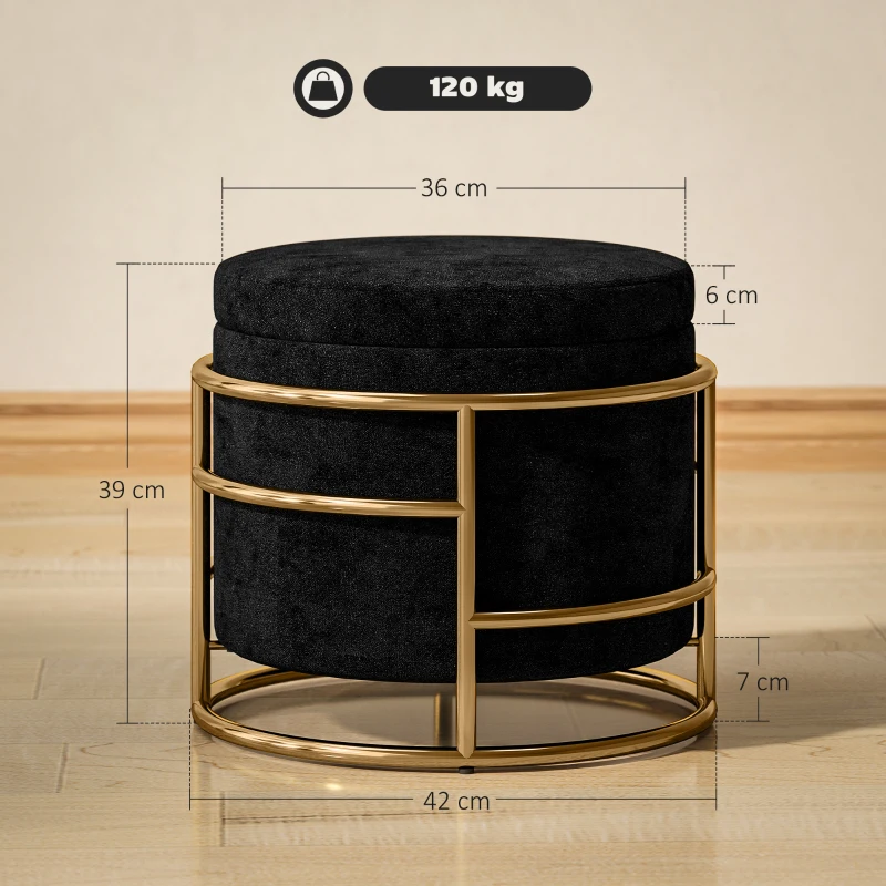 HOMCOM Storage Ottoman, Padded Footstool, Metal Frame, Gold-Plated, Black