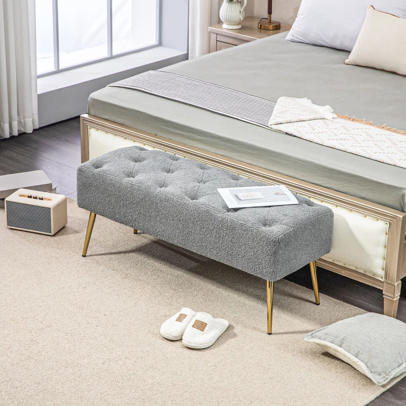HOMCOM Bed Bench, Seating Bench, Soft Faux Lambswool Cover, up to 120 kg, Gold-Finished Steel Legs, 112x41x46cm, Gray
