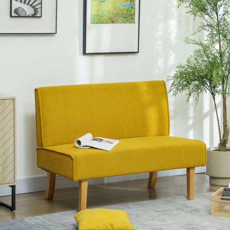 HOMCOM Two-seater sofa with cord upholstery, thick padding and solid wooden legs for living room, bedroom, office, Yellow