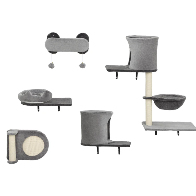 PawHut Étagères murales pour chat arbre à chat mural 5 pièces 2 niches hamac plateformes griffoirs en sisal gris