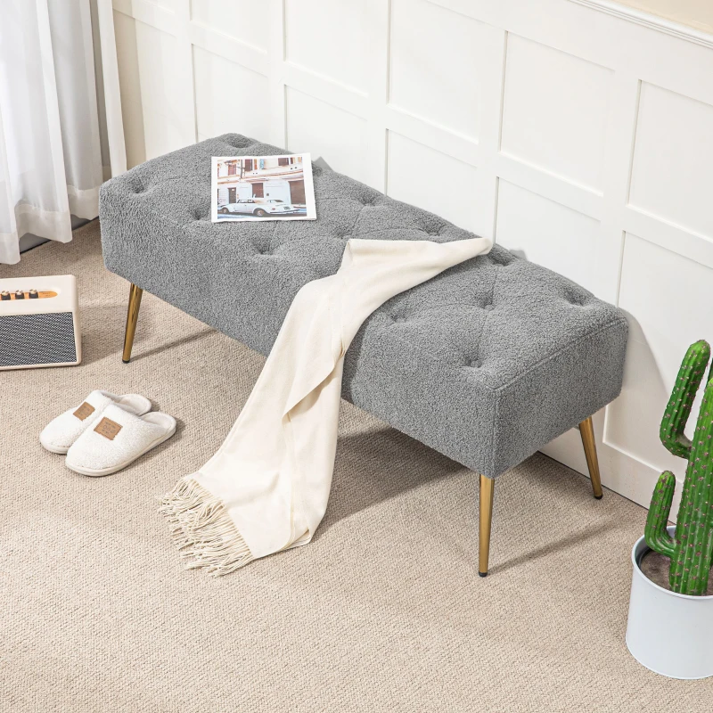 HOMCOM Bed Bench, Seating Bench, Soft Faux Lambswool Cover, up to 120 kg, Gold-Finished Steel Legs, 112x41x46cm, Gray