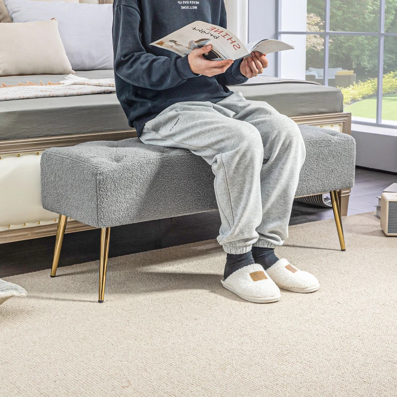 HOMCOM Bed Bench, Seating Bench, Soft Faux Lambswool Cover, up to 120 kg, Gold-Finished Steel Legs, 112x41x46cm, Gray