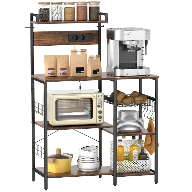 HOMCOM Estantería de cocina, estantería de pie con enchufe, USB, 5 ganchos en S, 5 estantes, cesta, refuerzos en X, acero 90 x 42 x 130 cm