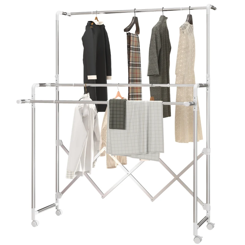 HOMCOM Séchoir à linge pliable étendoir linge intérieur à 3 barres réglables et 4 roulettes 104-150 x 103 x 145-197 cm argent