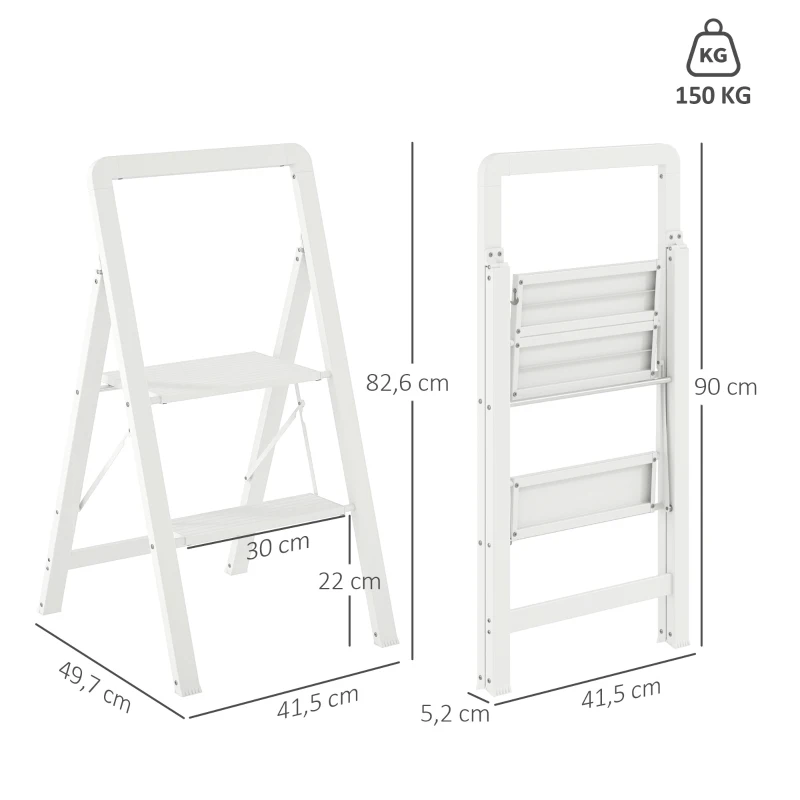 HOMCOM 2-step step ladder, foldable aluminum, non-slip platform, white
