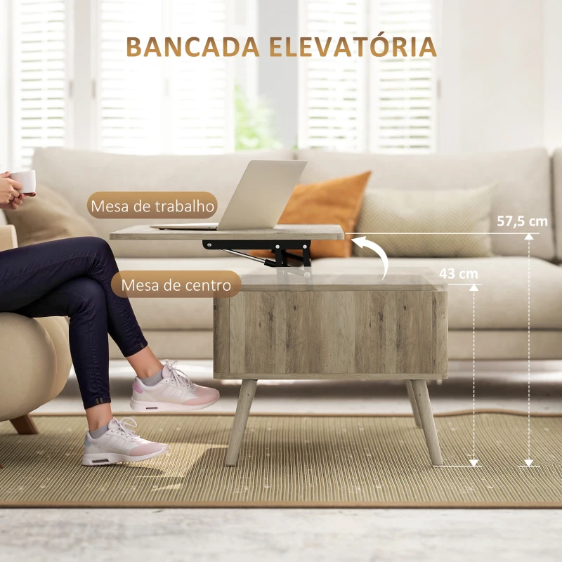 HOMCOM Mesa de Centro Elevatória com Compartimentos Ocultos de Armazenamento e Pés de Pinho 91x56x43 cm Carvalho