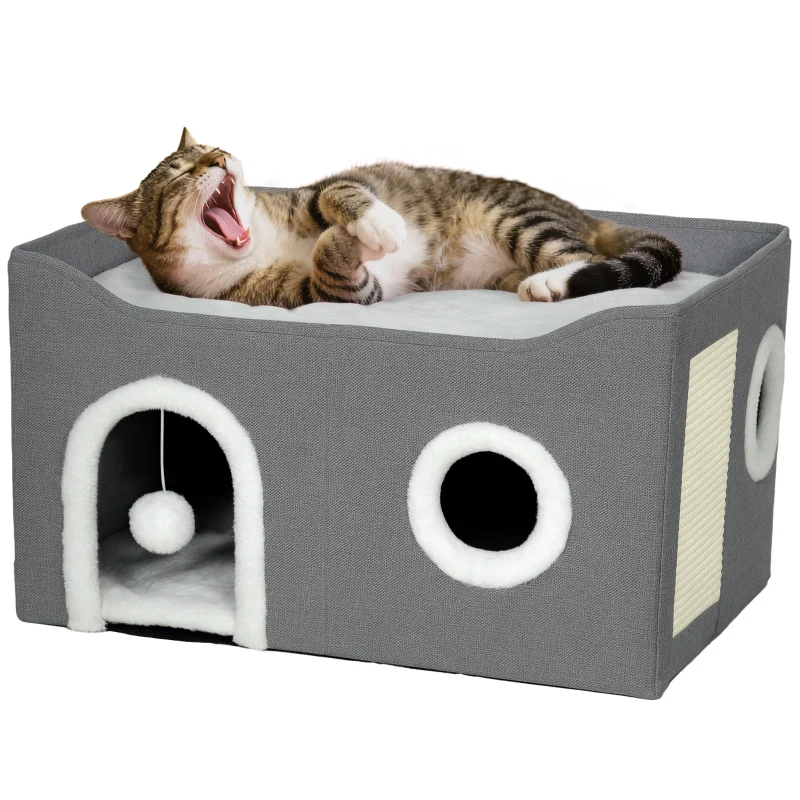 PawHut Casa para Gatos Plegable con Rascador 3 Entradas Bola Colgante Cojín Reversible en Felpa y Tipo Lino 60x40X34 cm Gris