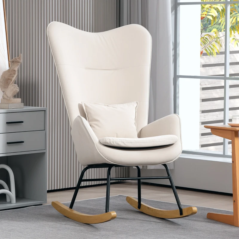 HOMCOM Rocking chair, soft velvet-look cover, with lumbar cushion, up to 120 kg load capacity, 67 x 85 x 112 cm, Cream white