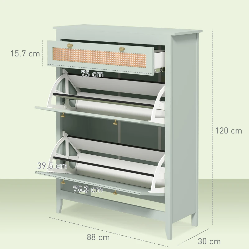HOMCOM Shoe cabinet for 12 pairs, with 1 pull-out drawer, 2 tilt-out compartments, shoe chest, 88 x 30 x 120 cm, Green