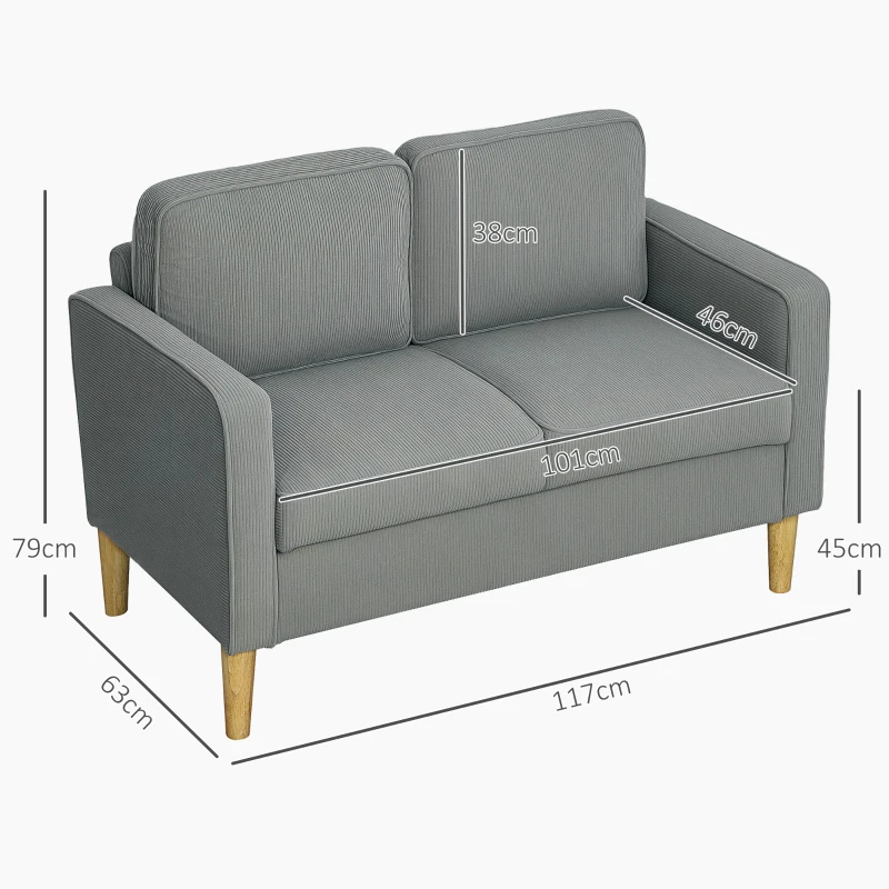 HOMCOM 2-Seater Sofa with Storage and Sturdy Wooden Legs for Living Room, Bedroom, 117 x 63 x 79 cm, Light Gray
