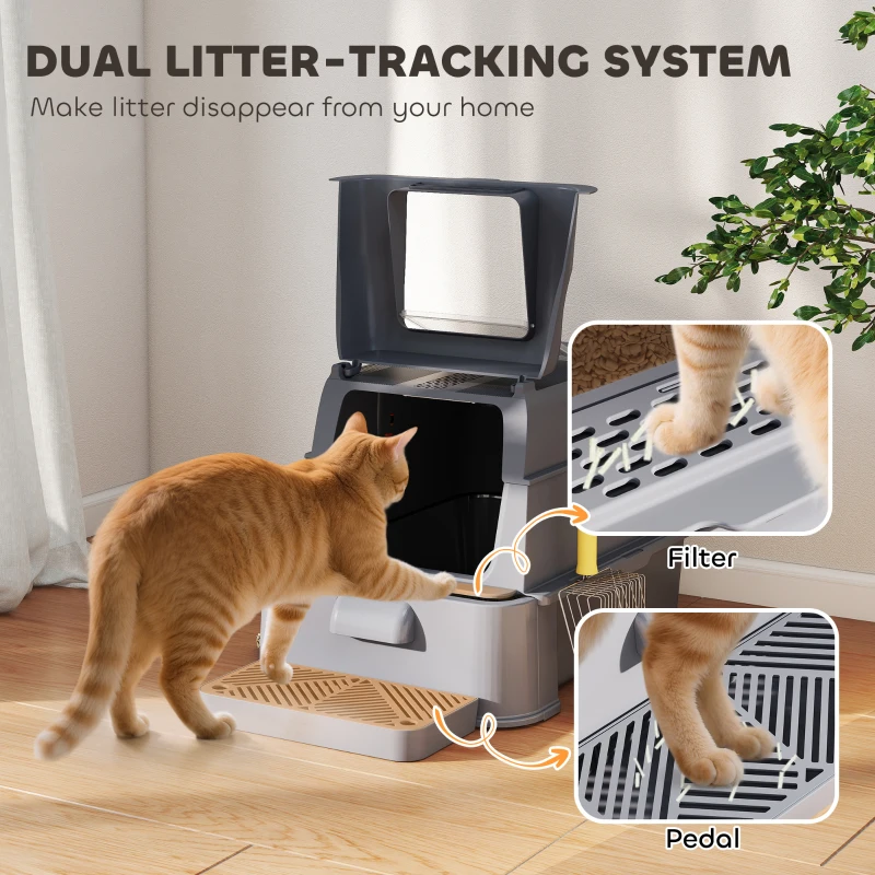 PawHut XL-Edelstahl-Katzentoilette mit 180° klappbarem Deckel, hohe Seiten, Fußpedal, Schaufel, Dunkelgrau