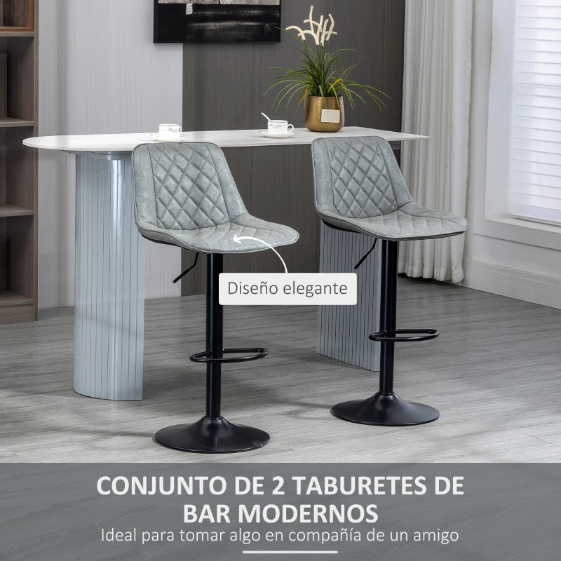 HOMCOM Juego de 2 Taburetes de Bar Giratorios Altura Ajustable 86-106 cm Tapizada en Cuero Sintético Respaldo y Reposapiés Gris