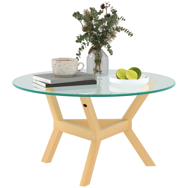 HOMCOM Round side table made of tempered glass with adjustable foot pads and steel frame, for living room, bedroom