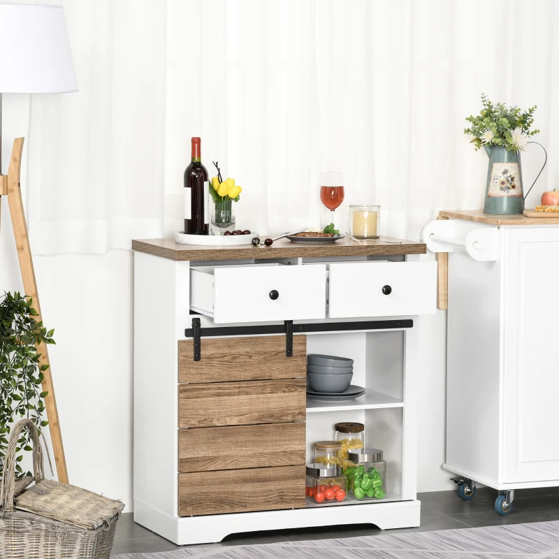 HOMCOM Mueble de Cocina con Puerta Corredera de Granero Botellero Cajones y Estantes para Comedor Salón 80x39x86 cm Blanco