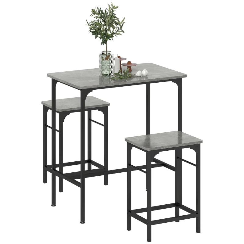 HOMCOM Bar Table Set Bar Table with Bar Stool Set Dining Table with 2 Chairs with Non-Slip Foot Pads Gray