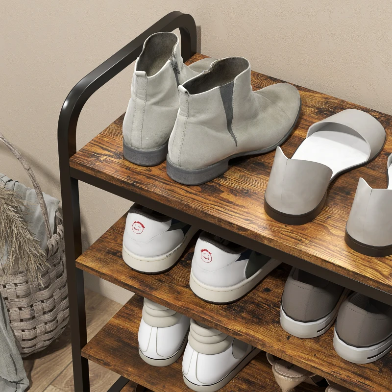 HOMCOM 4-tier shoe rack, open design, metal frame, adjustable feet, 70x30x65 cm, Brown/Black