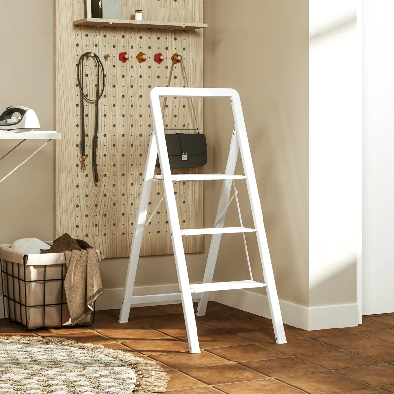 HOMCOM 3-step Folding Aluminum Step Ladder, Non-Slip Platform, White
