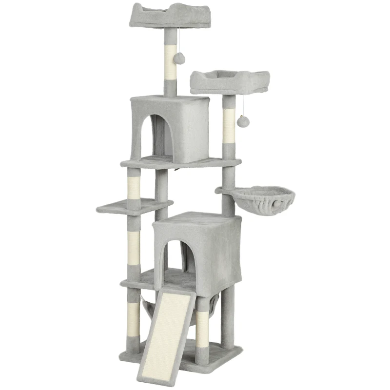 PawHut Arbre à chat tour de jeux pour chat 3 platesformes 2 niches 2 lits 2 hamacs 1 échelle hauteur 177 cm gris clair