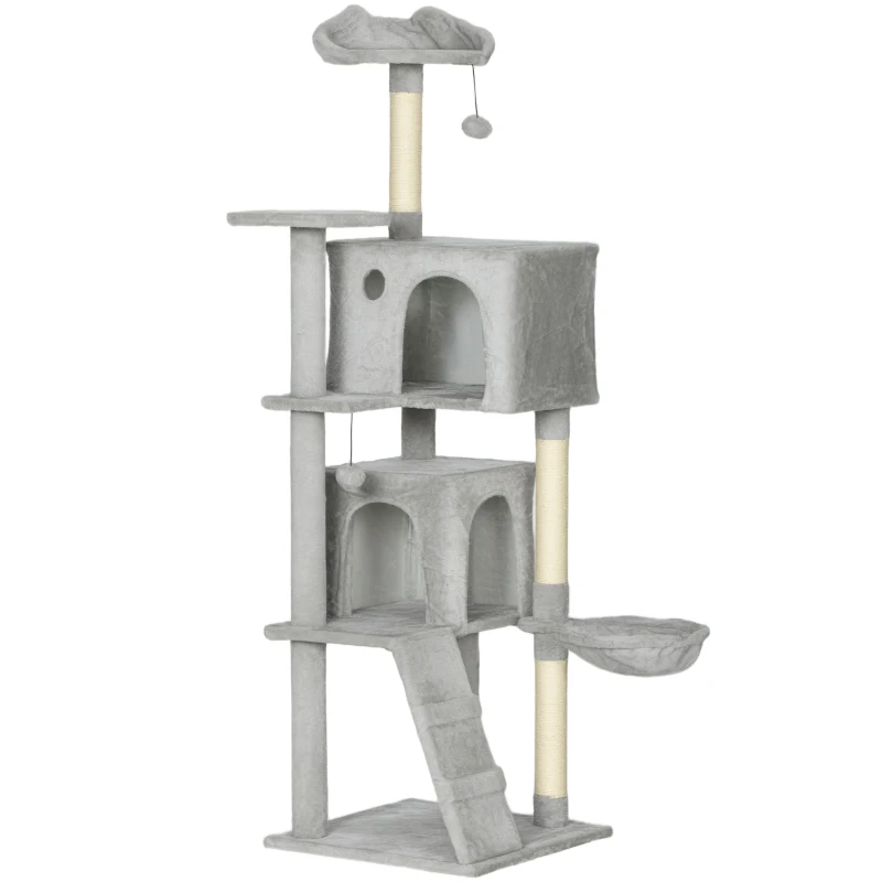 PawHut Árbol Rascador para Gatos 160 cm con Plataformas Cama 2 Cuevas Hamaca Escalera Postes de Sisal Gris Claro