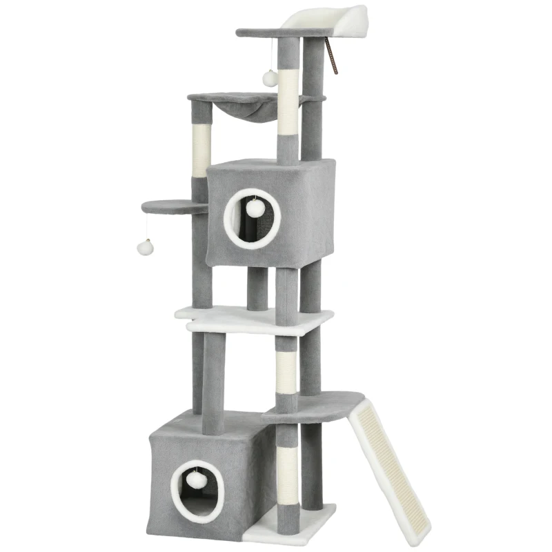 PawHut Arbre à chat tour de jeux pour chats centre d'activités 2 niches plateformes hamac échelle et 4 pompons 165 cm gris