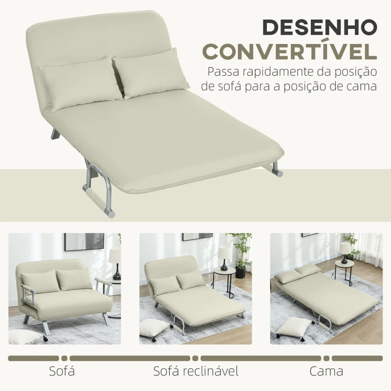 HOMCOM Sofá Cama de 2 Lugares Estofado em Camurça Sintética com Encosto Ajustável em 5 Níveis e 2 Almofadas 111x80x78 cm Bege