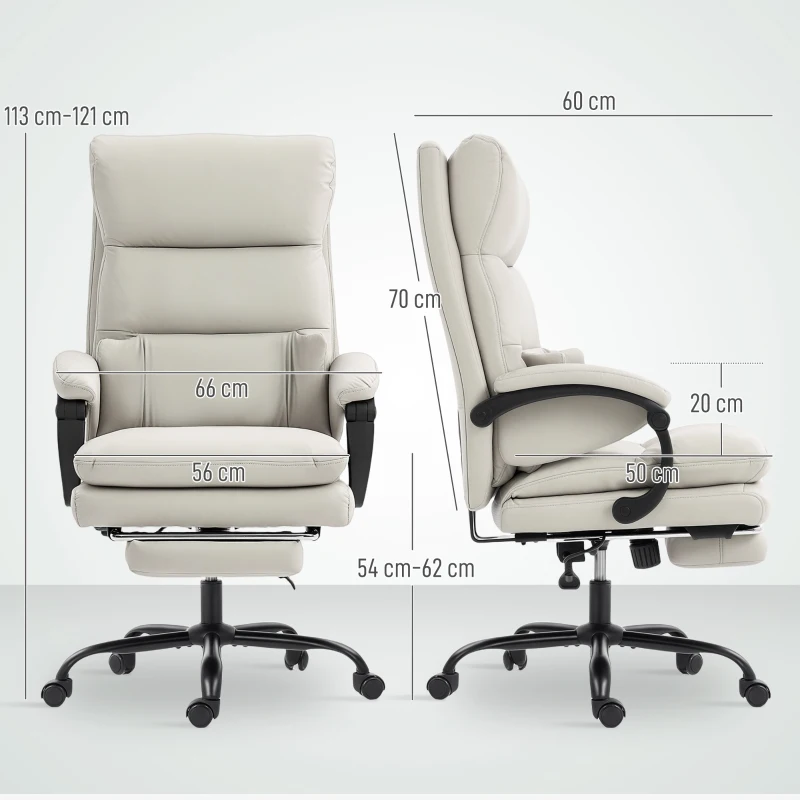 HOMCOM Sedia da ufficio, regolabile in altezza con supporto lombare, braccioli, poggiapiedi, in similpelle, Grigio chiaro