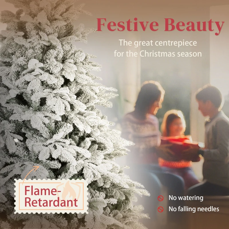 HOMCOM 7 ft Artificial Flocked Christmas Tree with 1867 Branches, Hinged Xmas Tree with Foldable Metal Stand, Easy Assembly for Home Office Decor