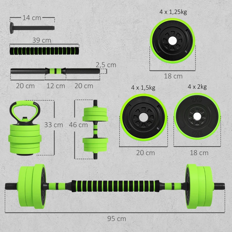 SPORTNOW Conjunto de Halteres 20kg 4 em 1 Conjunto de Pesos com Kettlebell Barra de Pesos para Treino de Força em Casa Ginásio Verde