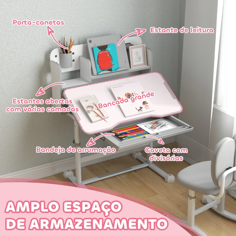 AIYAPLAY Conjunto de Secretária e Cadeira para Crianças Secretária Infantil Altura Ajustável 80x55x107,5 cm Cinza