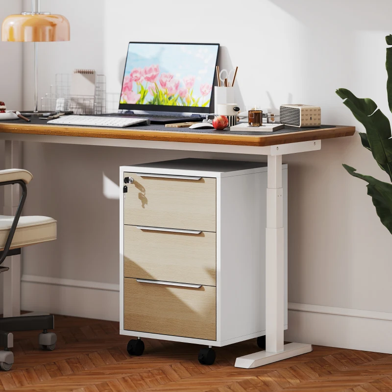 HOMCOM Bloco de Gavetas Móvel de Escritório com 3 Gavetas Fechadura Rodas e Travão para Documentos 40x40x63,5 cm Madeira e Branco