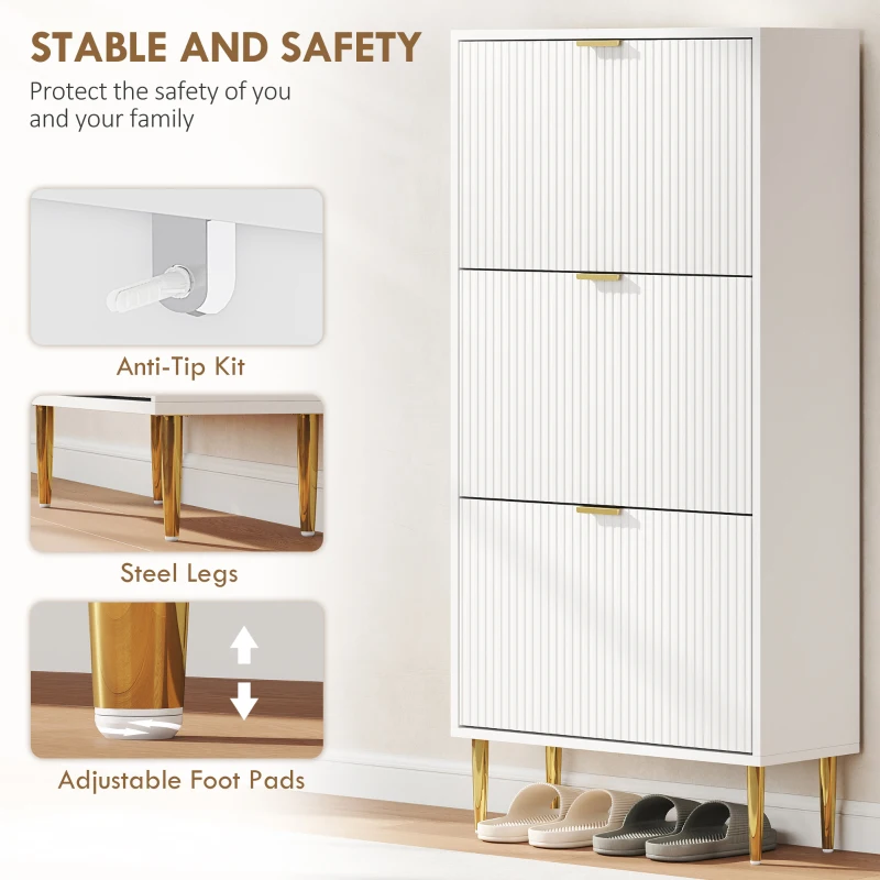 HOMCOM Narrow Shoe Cabinet with 3 Flip Drawers - White