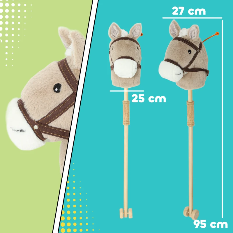 AIYAPLAY Caballito de palo para niños con sonido y ruedas, bastón de madera, para niños desde 24 meses, gris