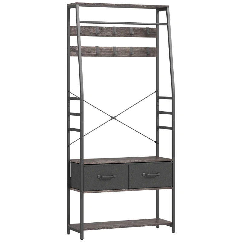 HOMCOM Coat Rack with Shoe Storage, Hall Tree, Industrial Coat Stand with Shoe Bench, 10 Removable Hooks, 2 Fabric Drawers and Clothes Rail for Entryway, Hallway, Grey