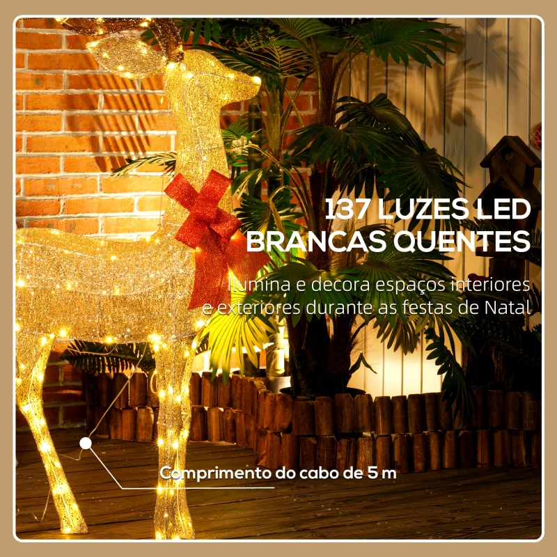 Outsunny Reno Luminoso de Natal Decoração de Natal com 137 LEDs Branco Quente Iluminação Natalícia 66x25x135 cm Dourado