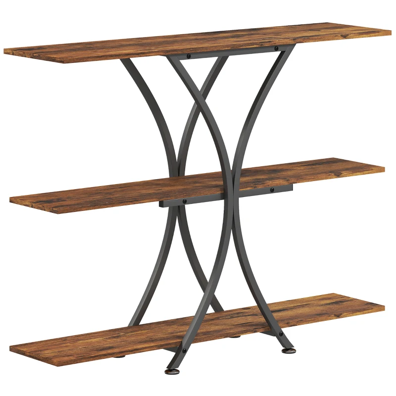 HOMCOM Mesa de Consola Mesa de Sofá con 2 Estantes Abiertos y Marco Metálico en X Estilo Industrial Marrón Rústico