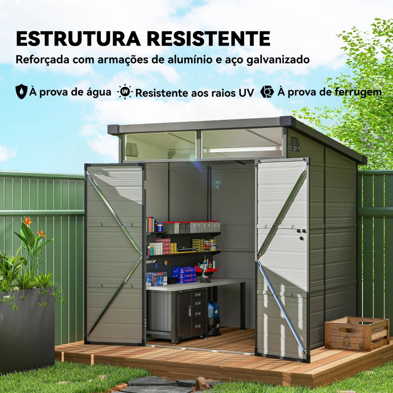 Outsunny Abrigo de Jardim 3,24 m² 190x191x215 cm com Porta de Correr e Trinco Janela e Ventilação para Armazenamento de Ferramentas Cinza Claro