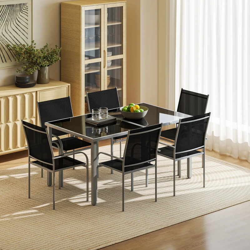 Outsunny 7 Piece Outdoor Garden Dining Set with Table and 6 Stackable Chairs, Steel Frame, Tempered Glass Top, Mesh Seats, Black